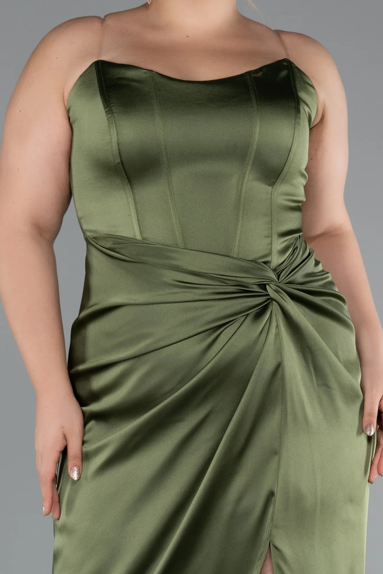 Olive Drab-Long Satin Plus Size Evening Gown ABU5179