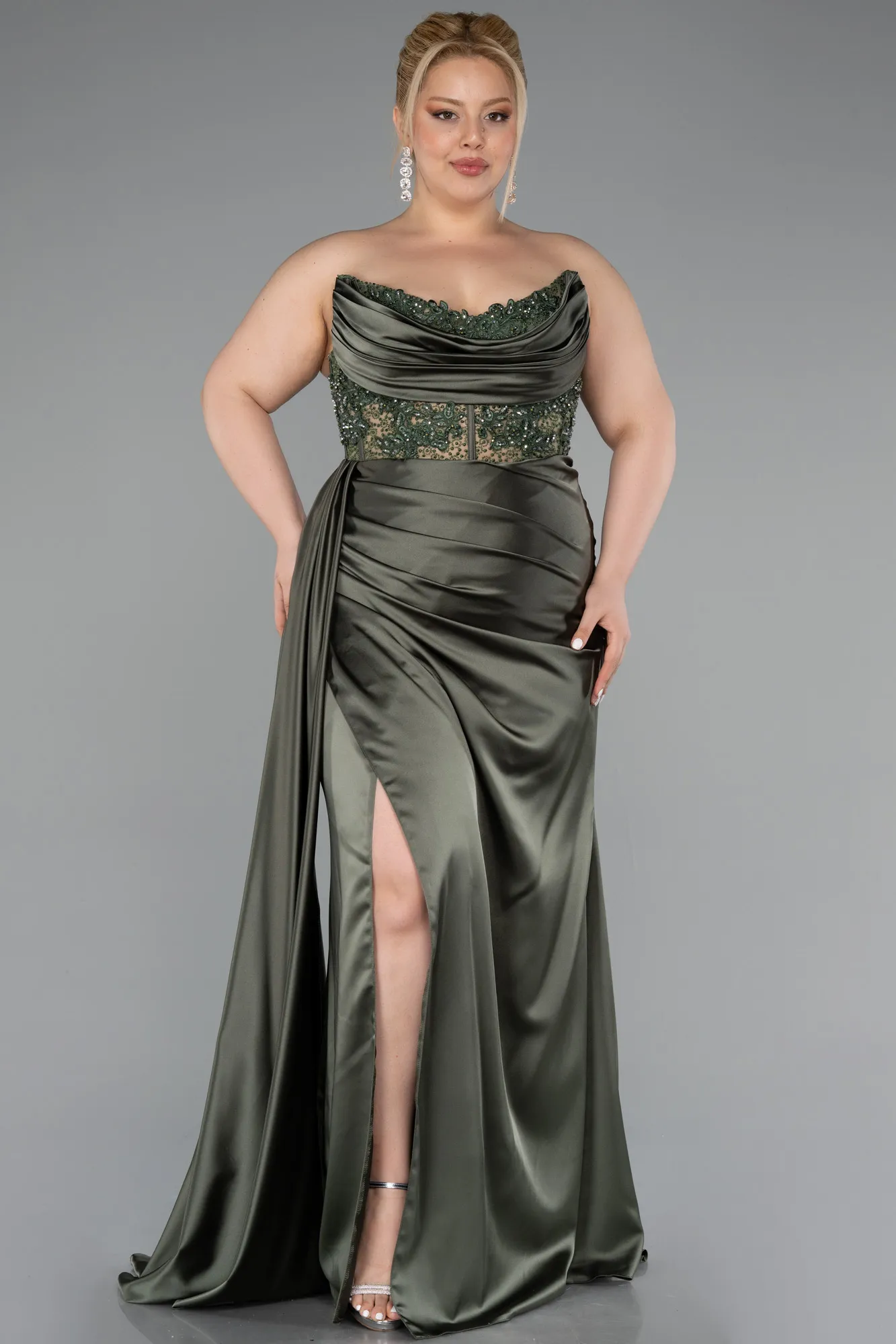 Olive Drab-Long Satin Plus Size Prom Dress ABU3855