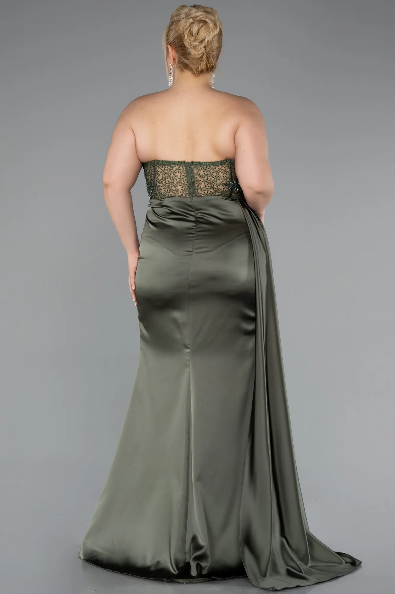 Olive Drab-Long Satin Plus Size Prom Dress ABU3855