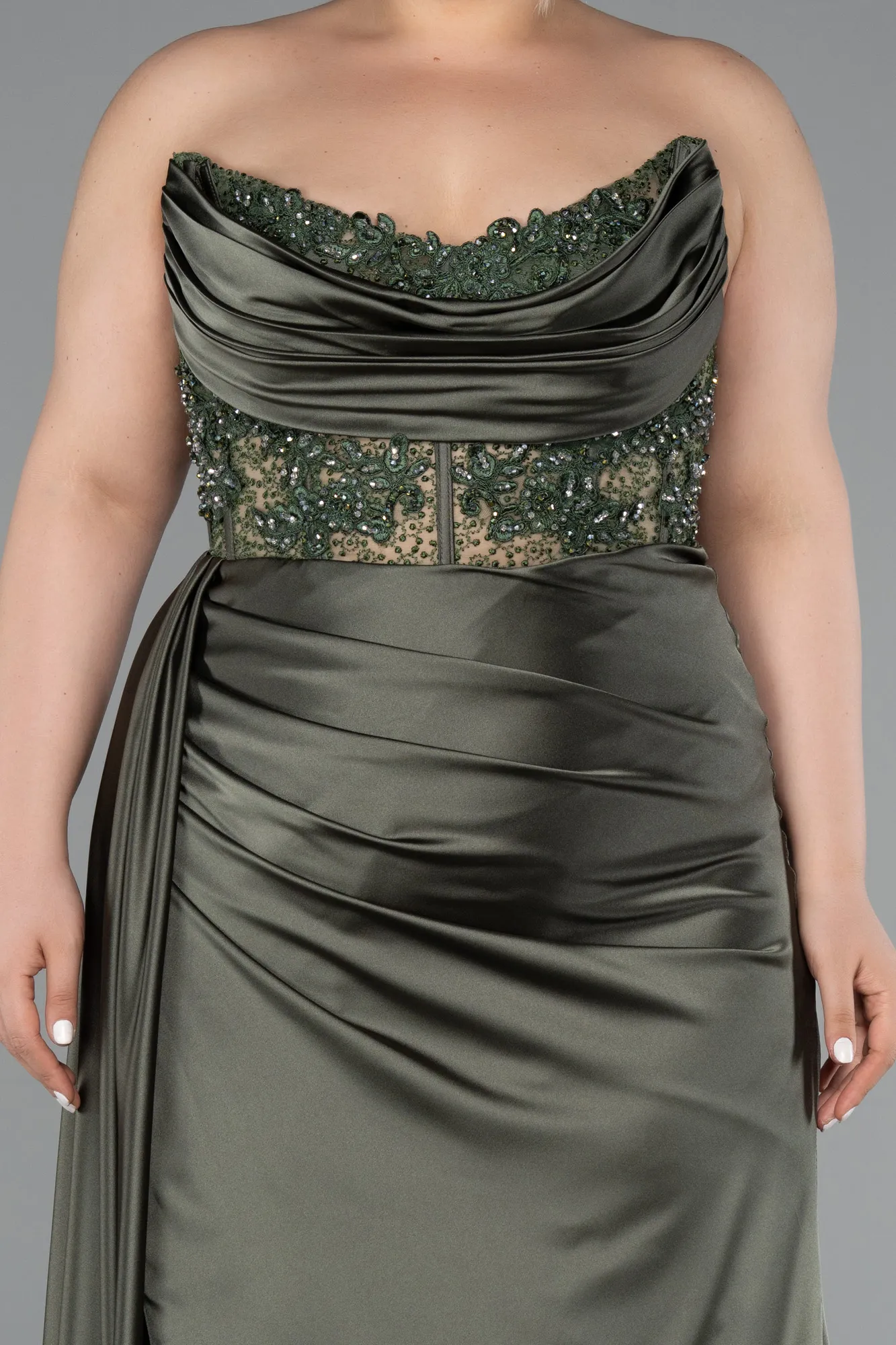 Olive Drab-Long Satin Plus Size Prom Dress ABU3855