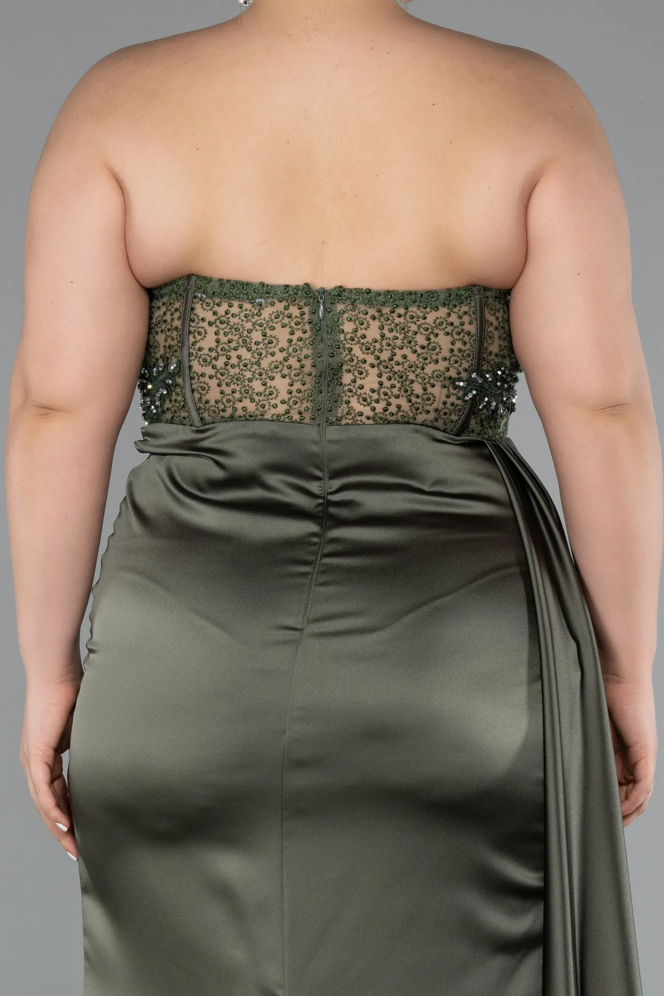 Olive Drab-Long Satin Plus Size Prom Dress ABU3855