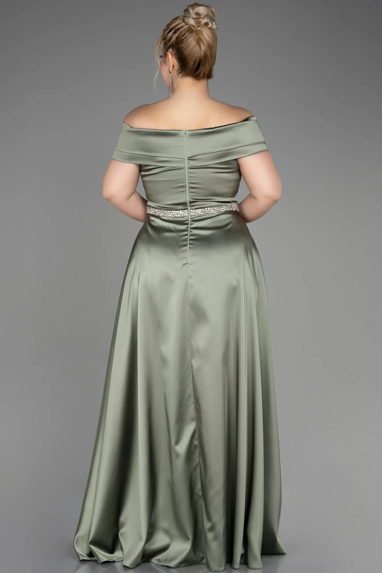 Olive Drab-Long Satin Plus Size Wedding Dress ABU3801