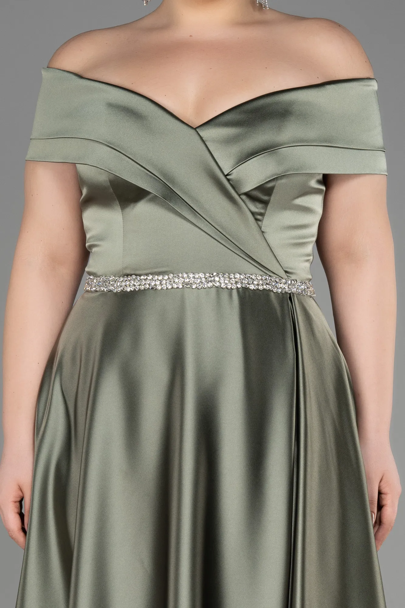 Olive Drab-Long Satin Plus Size Wedding Dress ABU3801