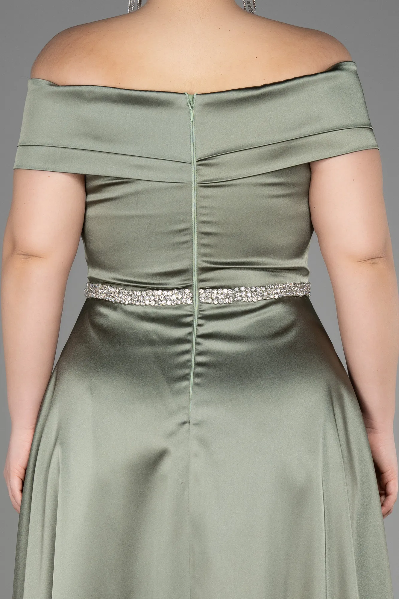 Olive Drab-Long Satin Plus Size Wedding Dress ABU3801