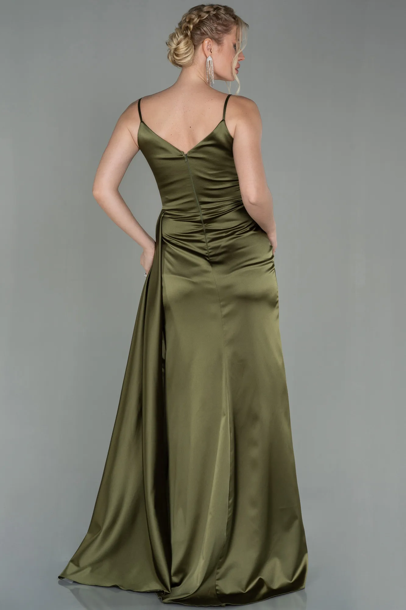Olive Drab-Long Satin Prom Gown ABU2273