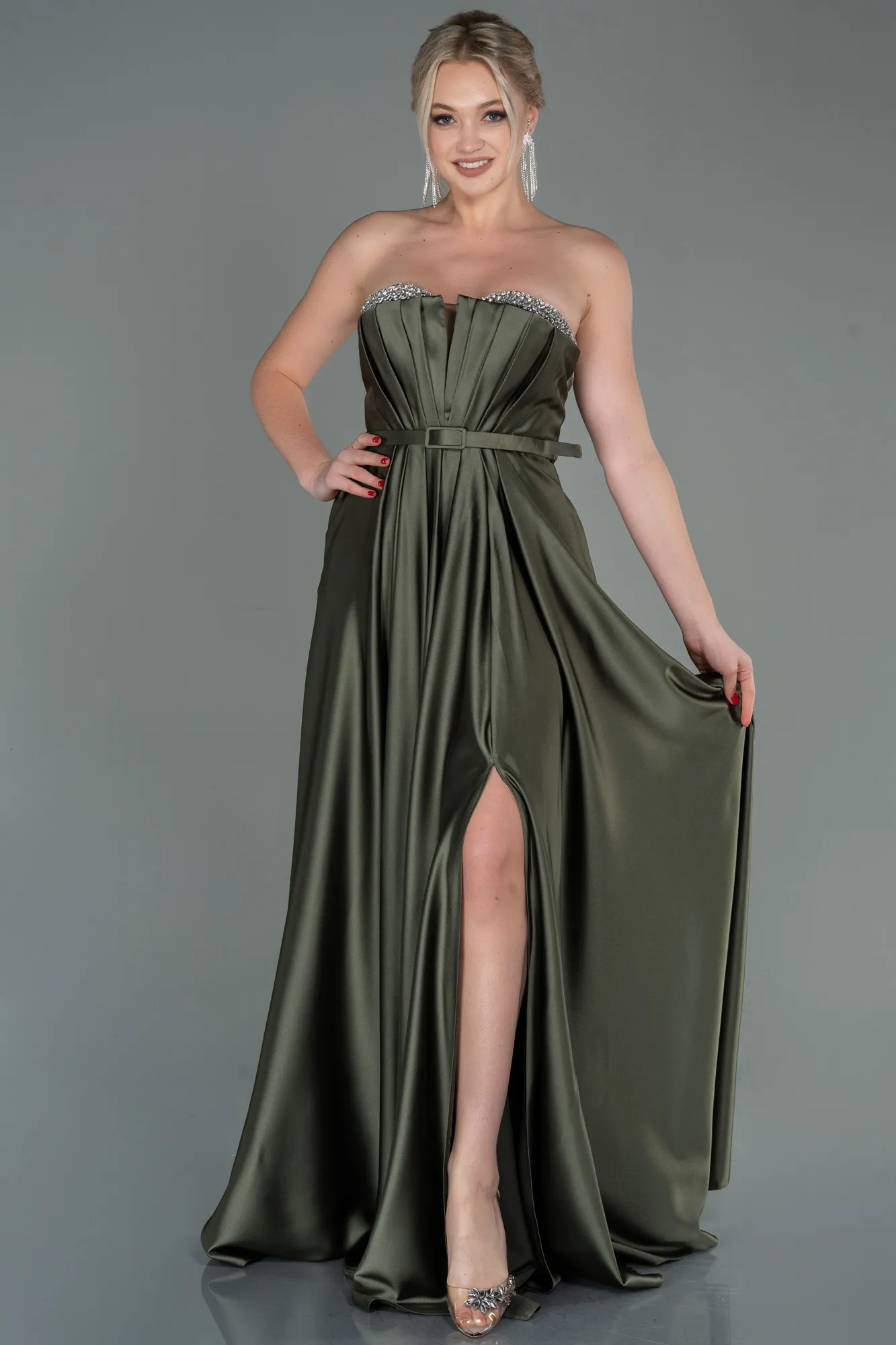 Olive Drab-Long Satin Prom Gown ABU2543