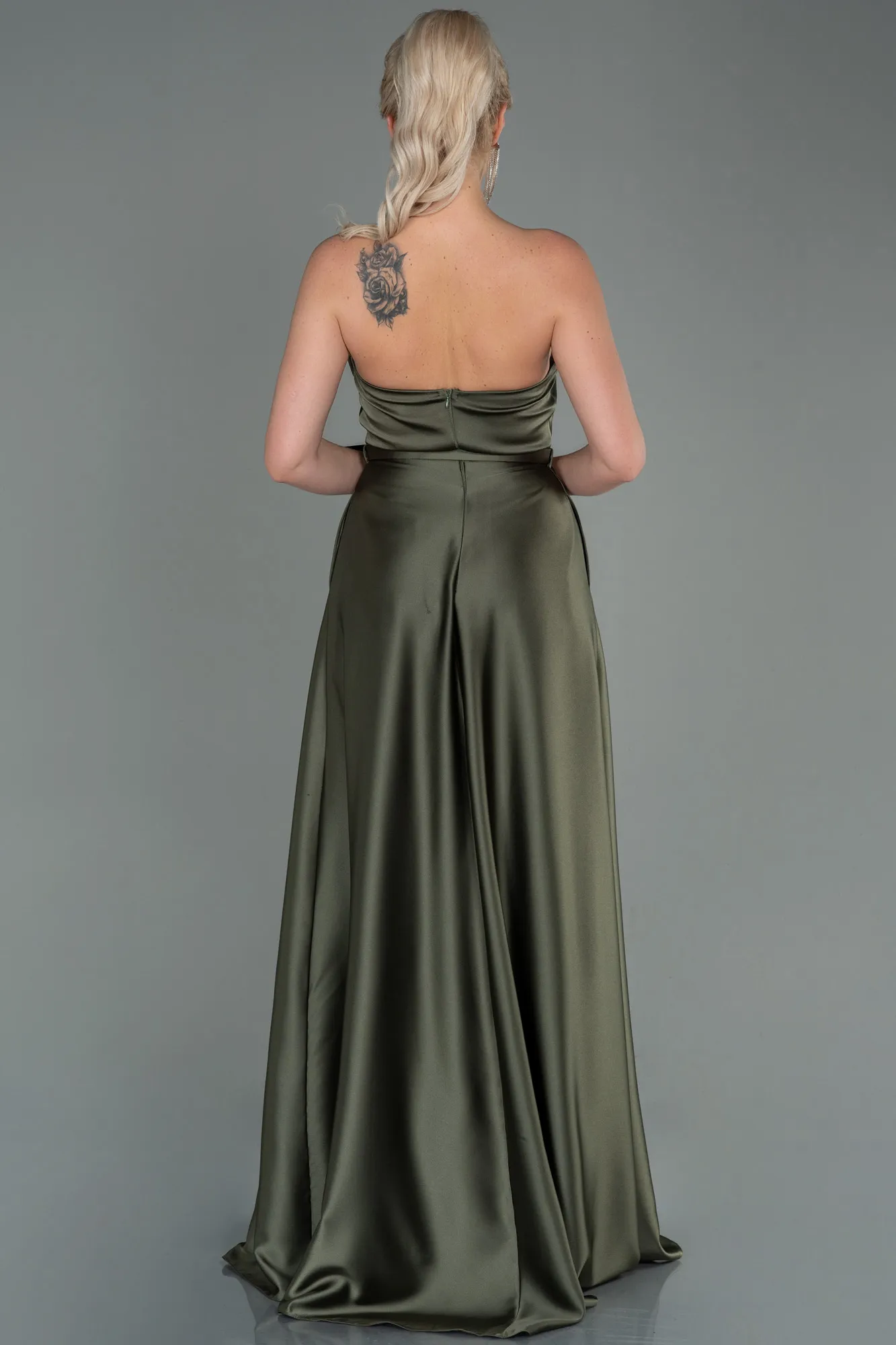 Olive Drab-Long Satin Prom Gown ABU2543