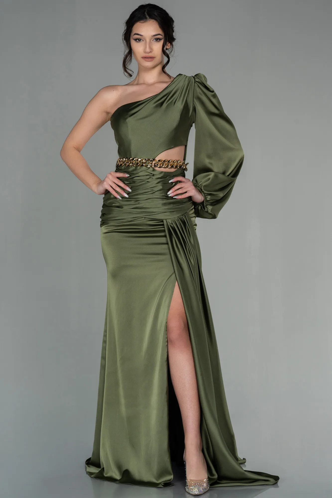 Olive Drab-Long Satin Prom Gown ABU2625