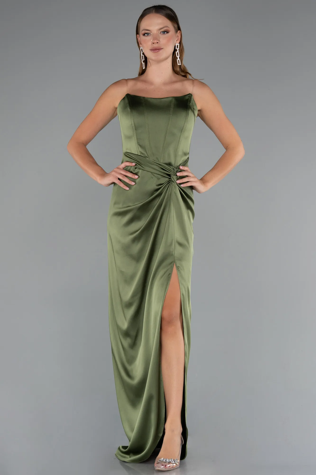 Olive Drab-Long Satin Prom Gown ABU3474