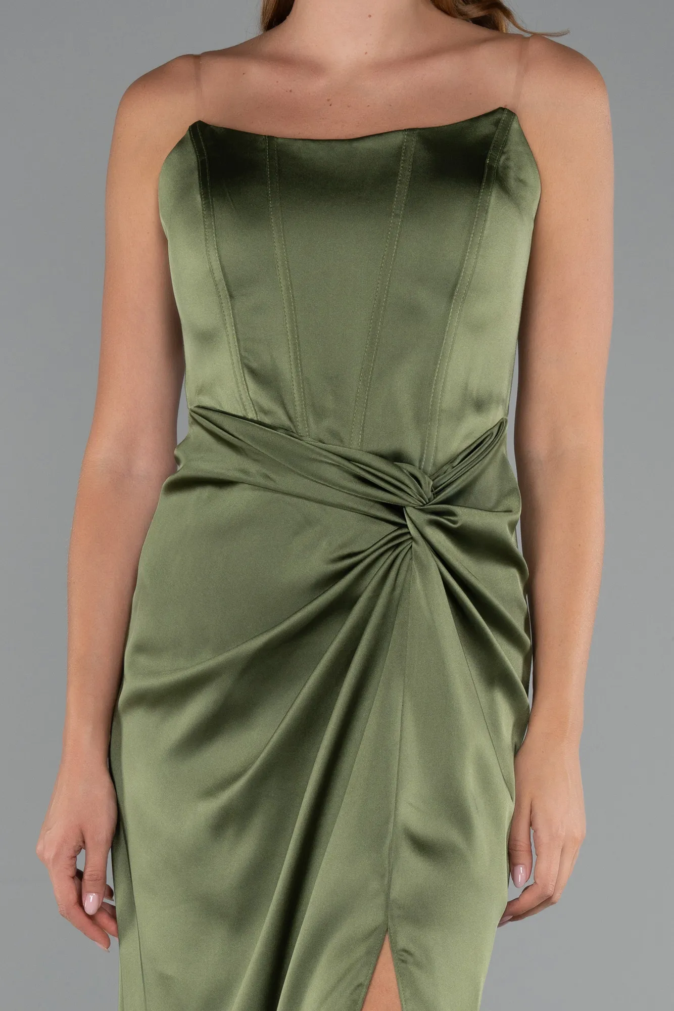 Olive Drab-Long Satin Prom Gown ABU3474