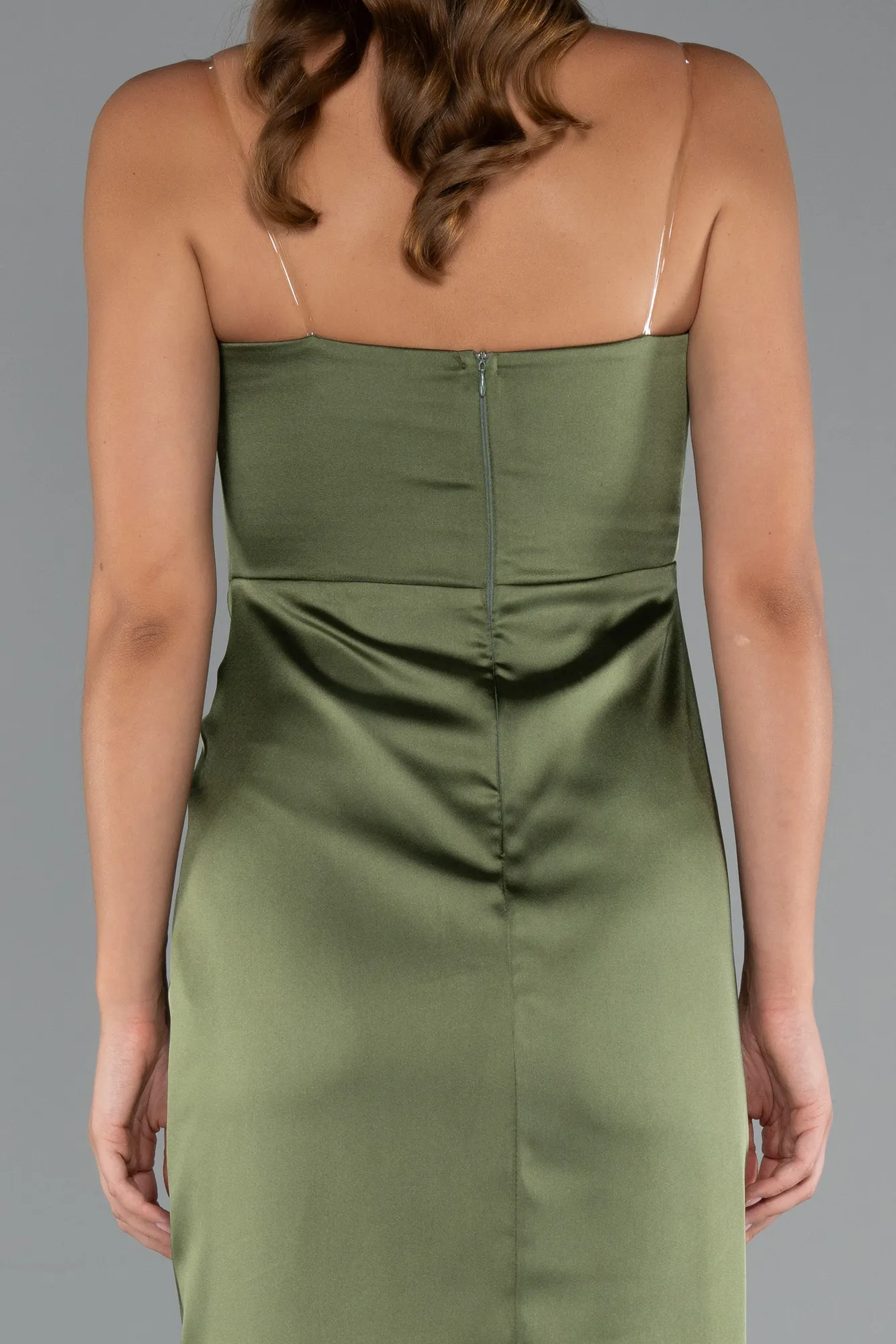 Olive Drab-Long Satin Prom Gown ABU3474