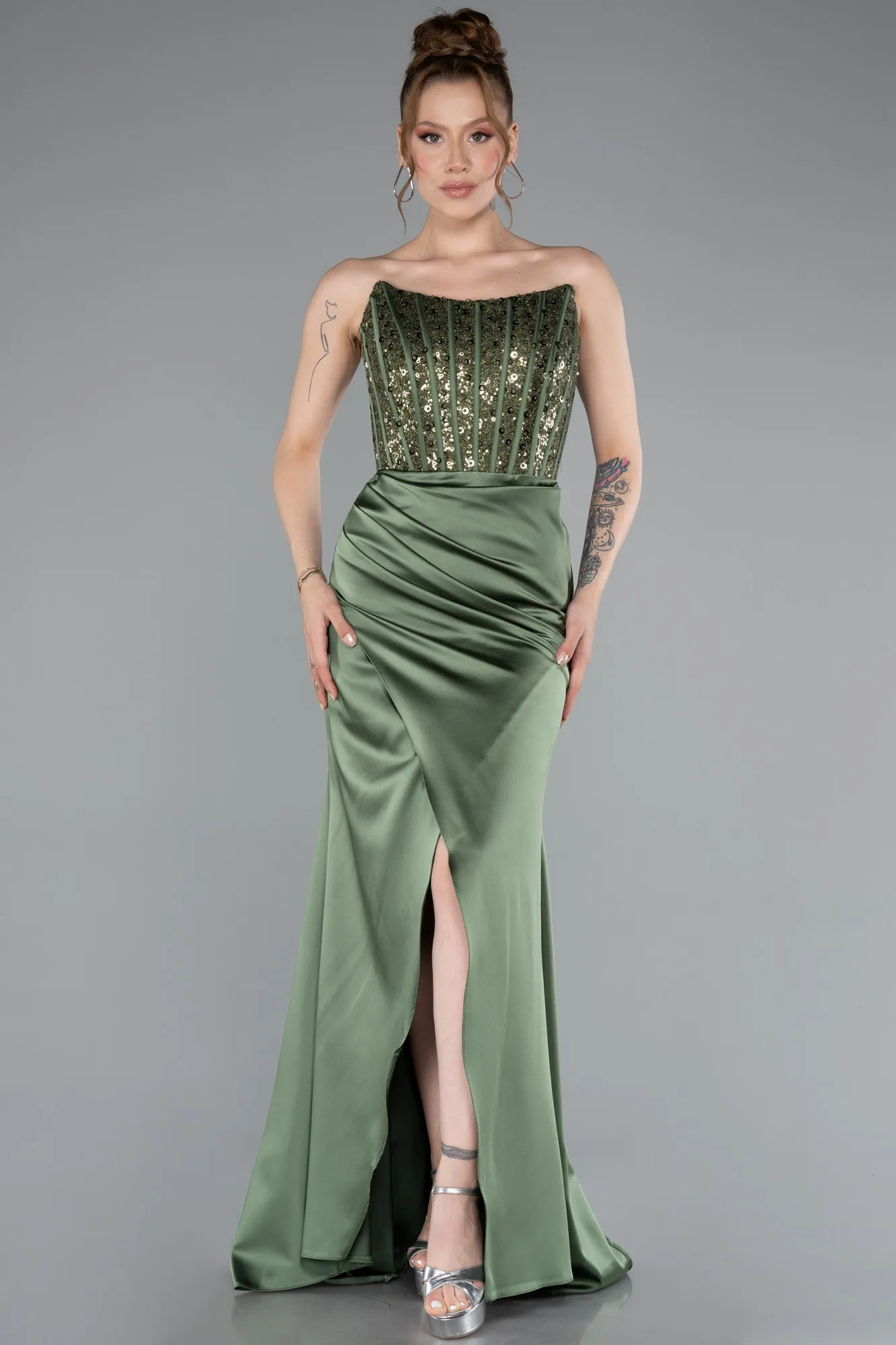 Olive Drab-Long Satin Prom Gown ABU3883
