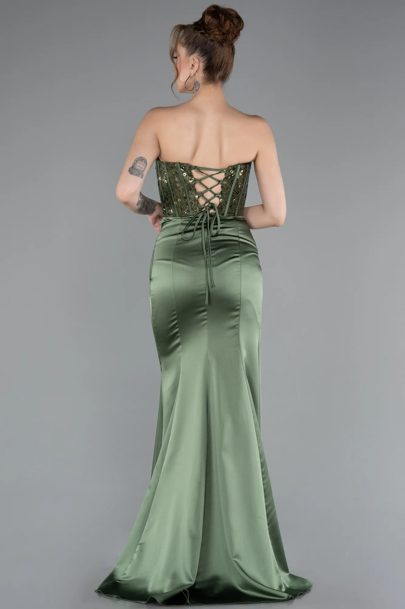 Olive Drab-Long Satin Prom Gown ABU3883