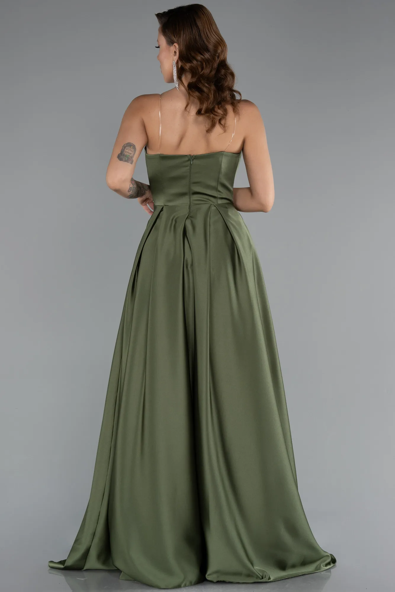 Olive Drab-Long Satin Prom Gown ABU5105