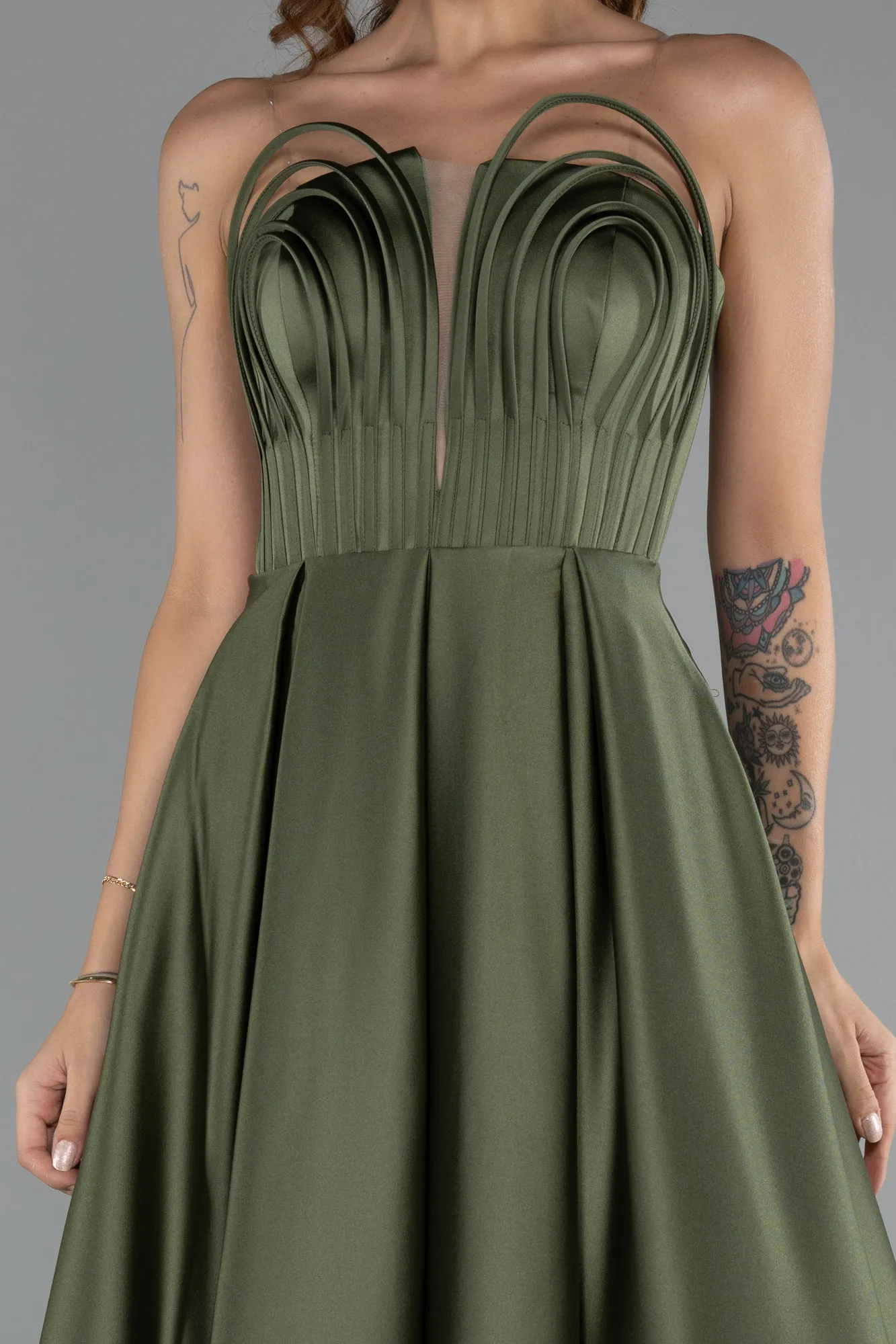 Olive Drab-Long Satin Prom Gown ABU5105