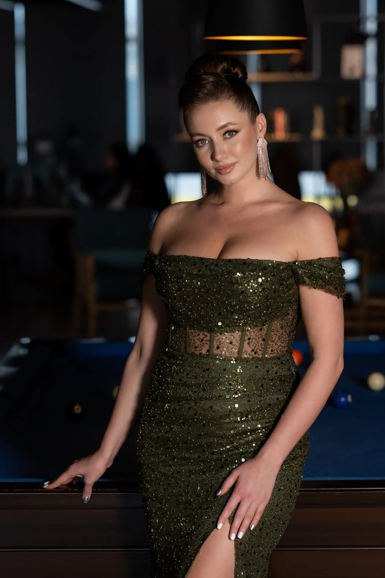 Olive Drab-Long Scaly Evening Dress ABU3498