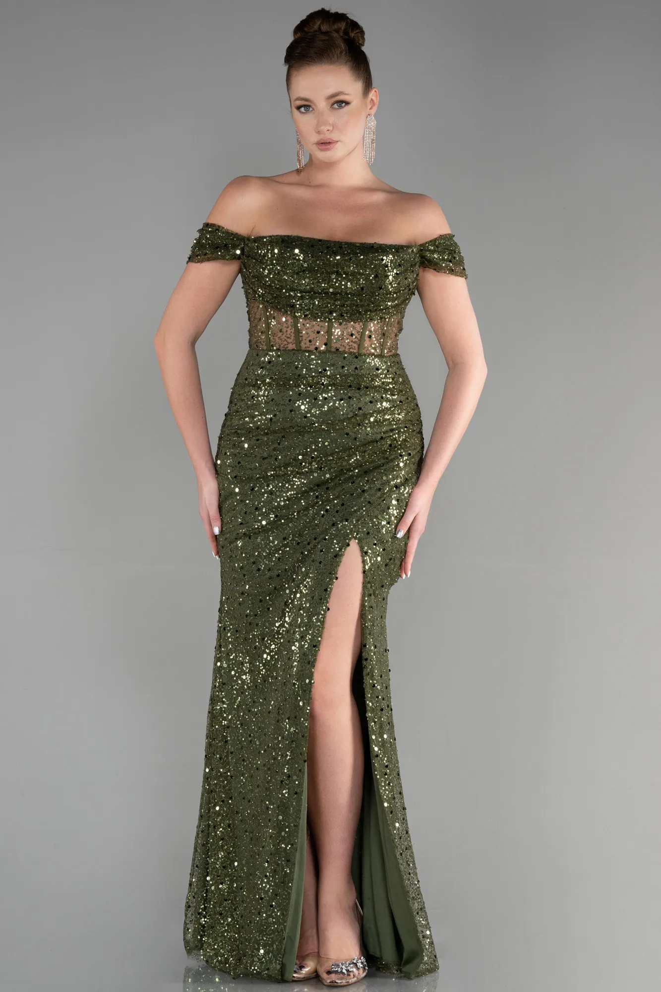 Olive Drab-Long Scaly Evening Dress ABU3498
