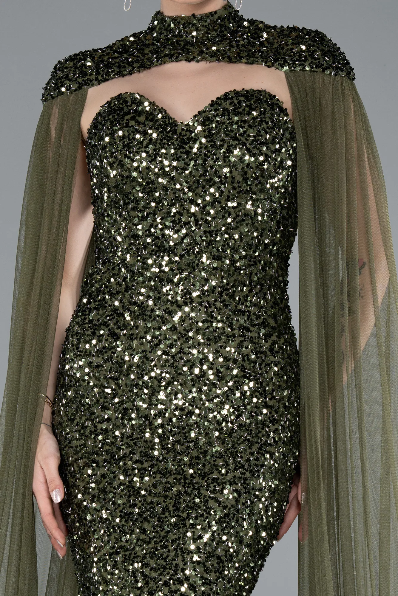 Olive Drab-Long Scaly Evening Dress ABU4910