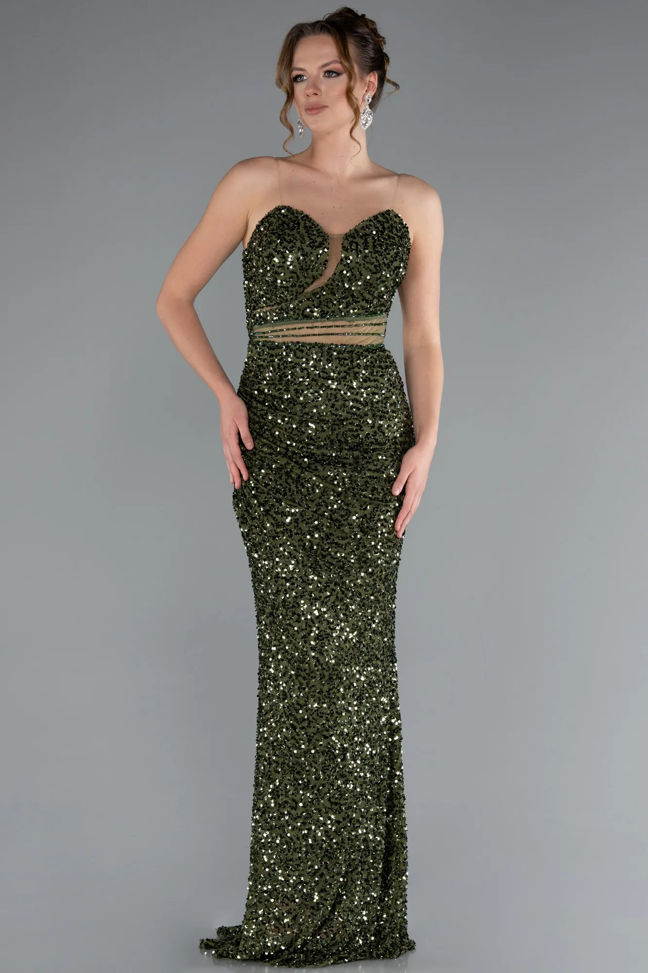 Olive Drab-Long Scaly Evening Dress ABU5014