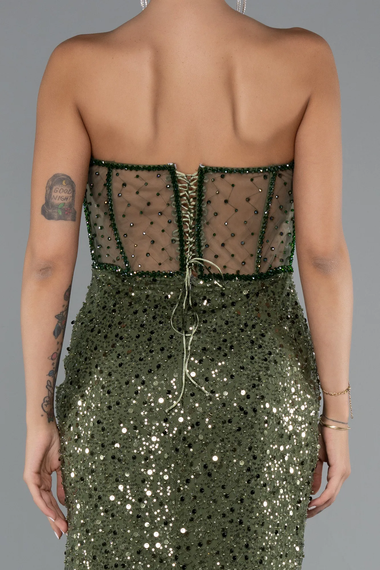 Olive Drab-Long Scaly Evening Dress ABU5069