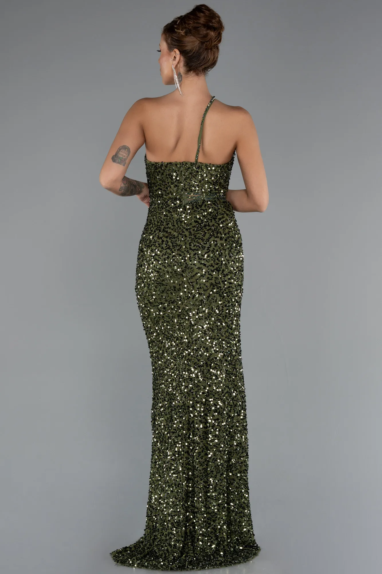 Olive Drab-Long Scaly Evening Dress ABU5070