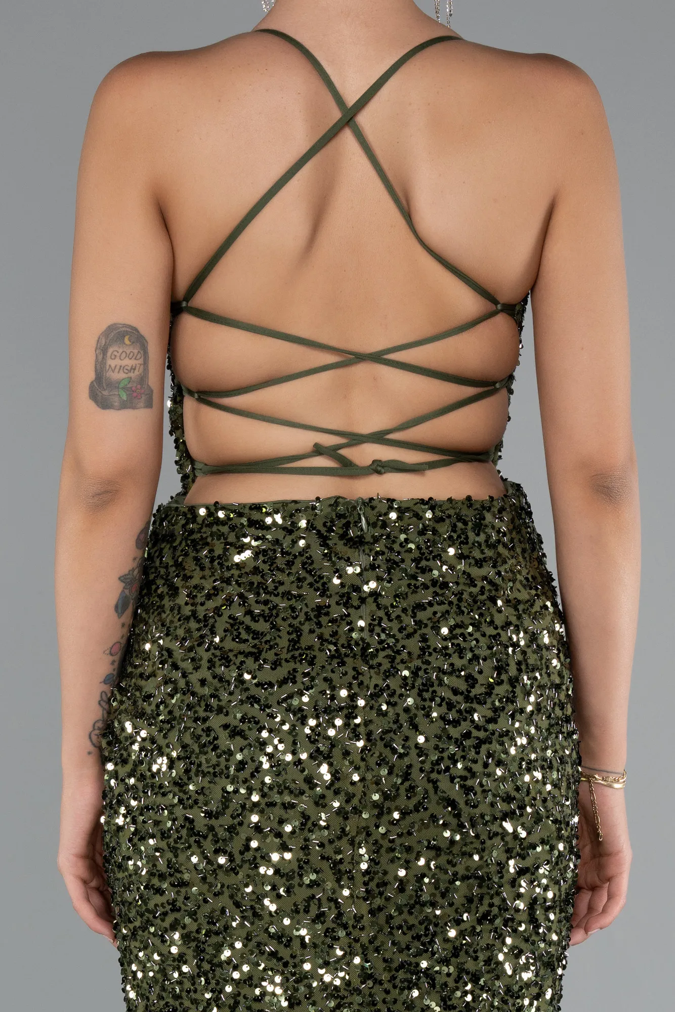 Olive Drab-Long Scaly Evening Dress ABU5106