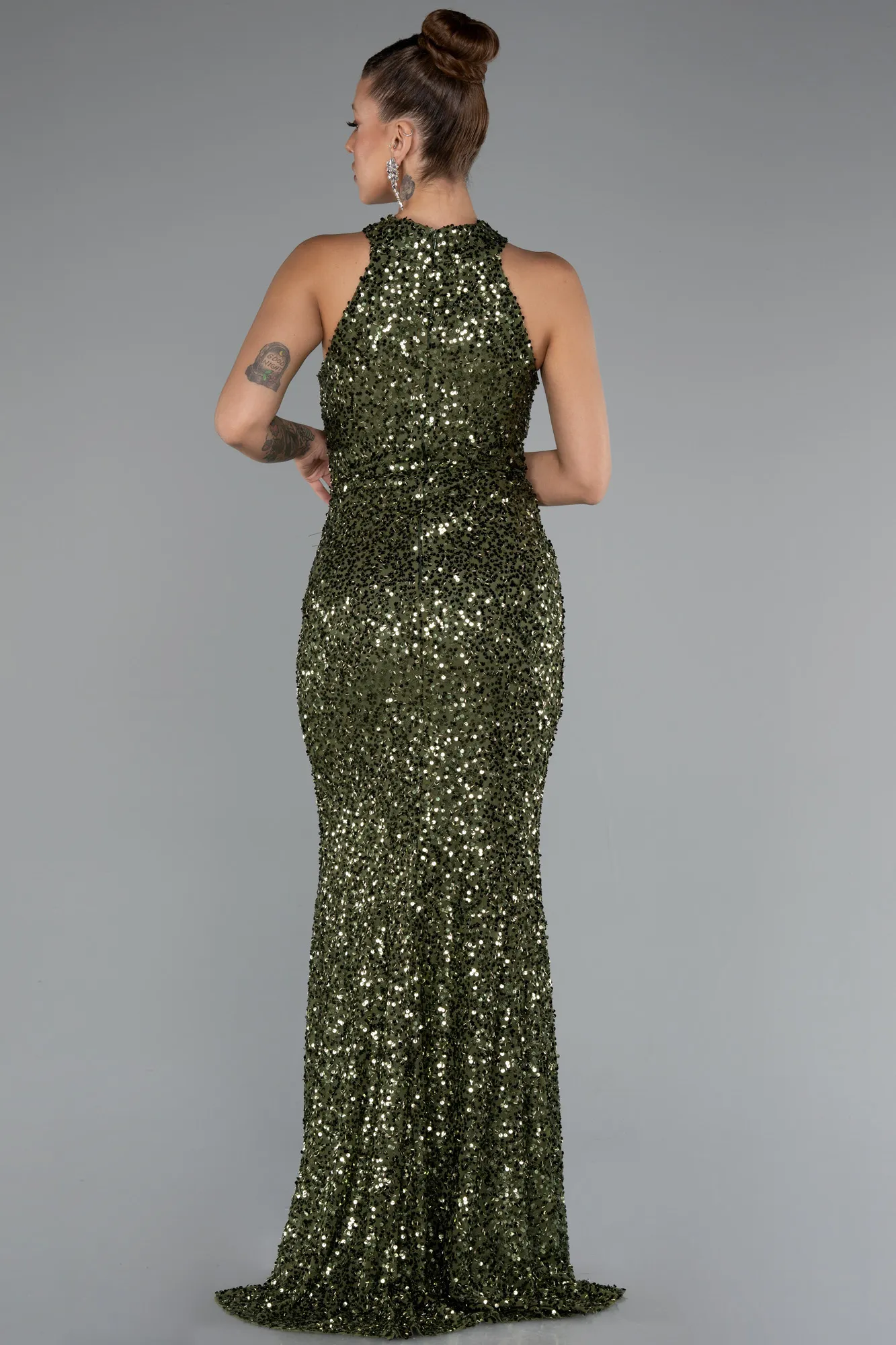Olive Drab-Long Scaly Evening Dress ABU5135