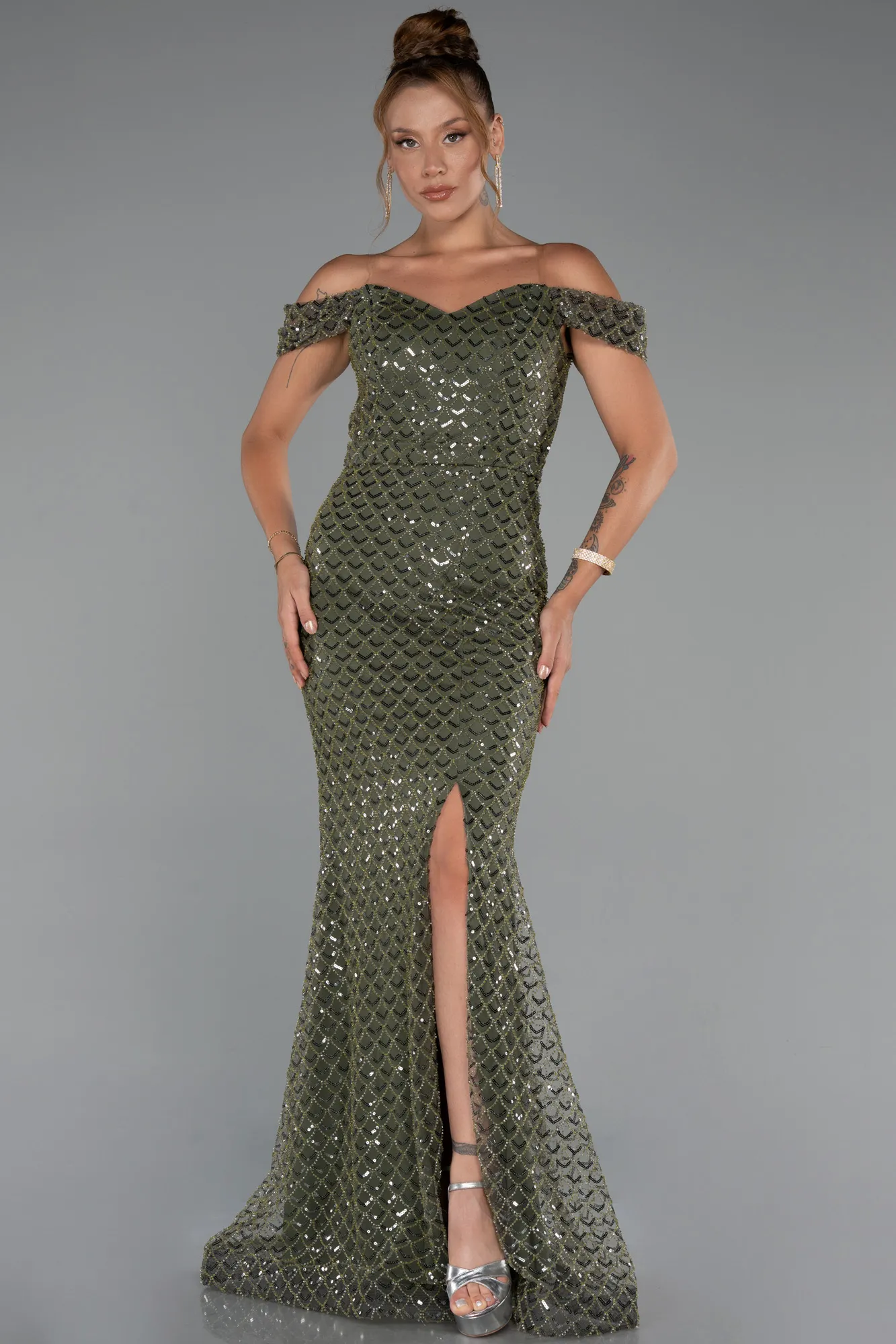 Olive Drab-Long Scaly Evening Dress ABU5286