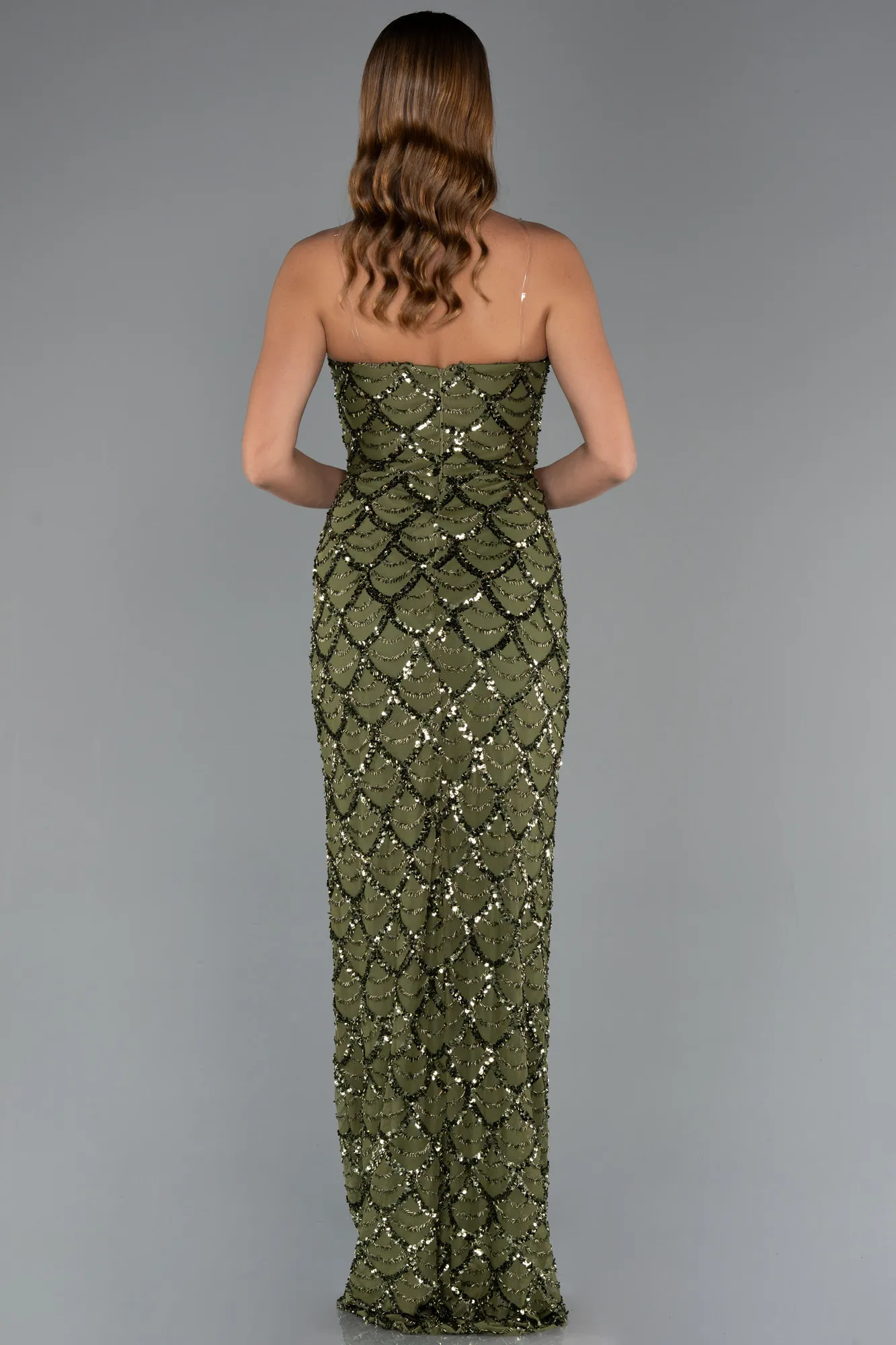 Olive Drab-Long Scaly Evening Dress ABU5491