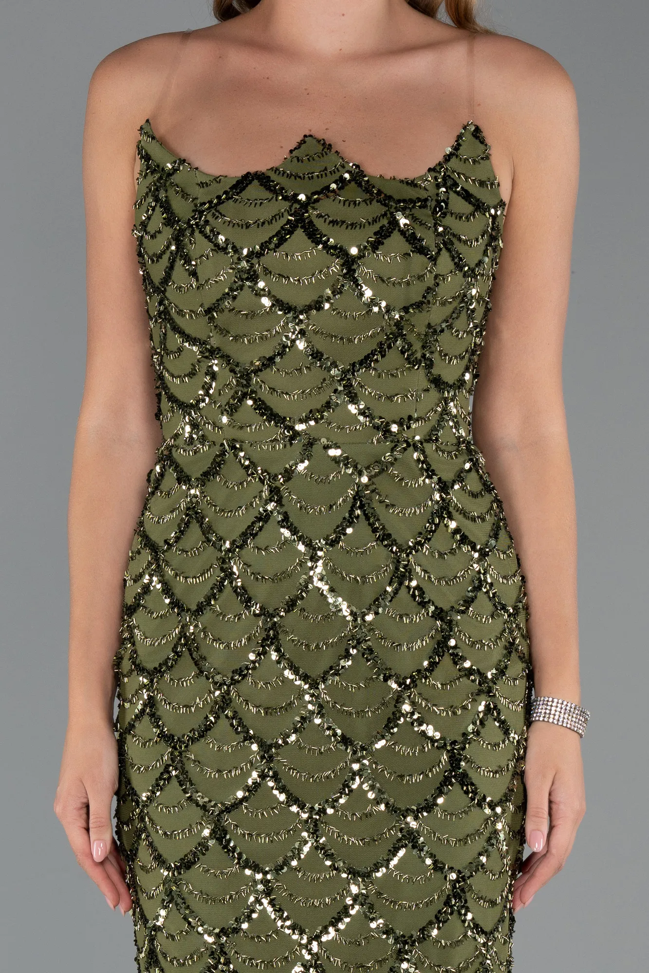 Olive Drab-Long Scaly Evening Dress ABU5491