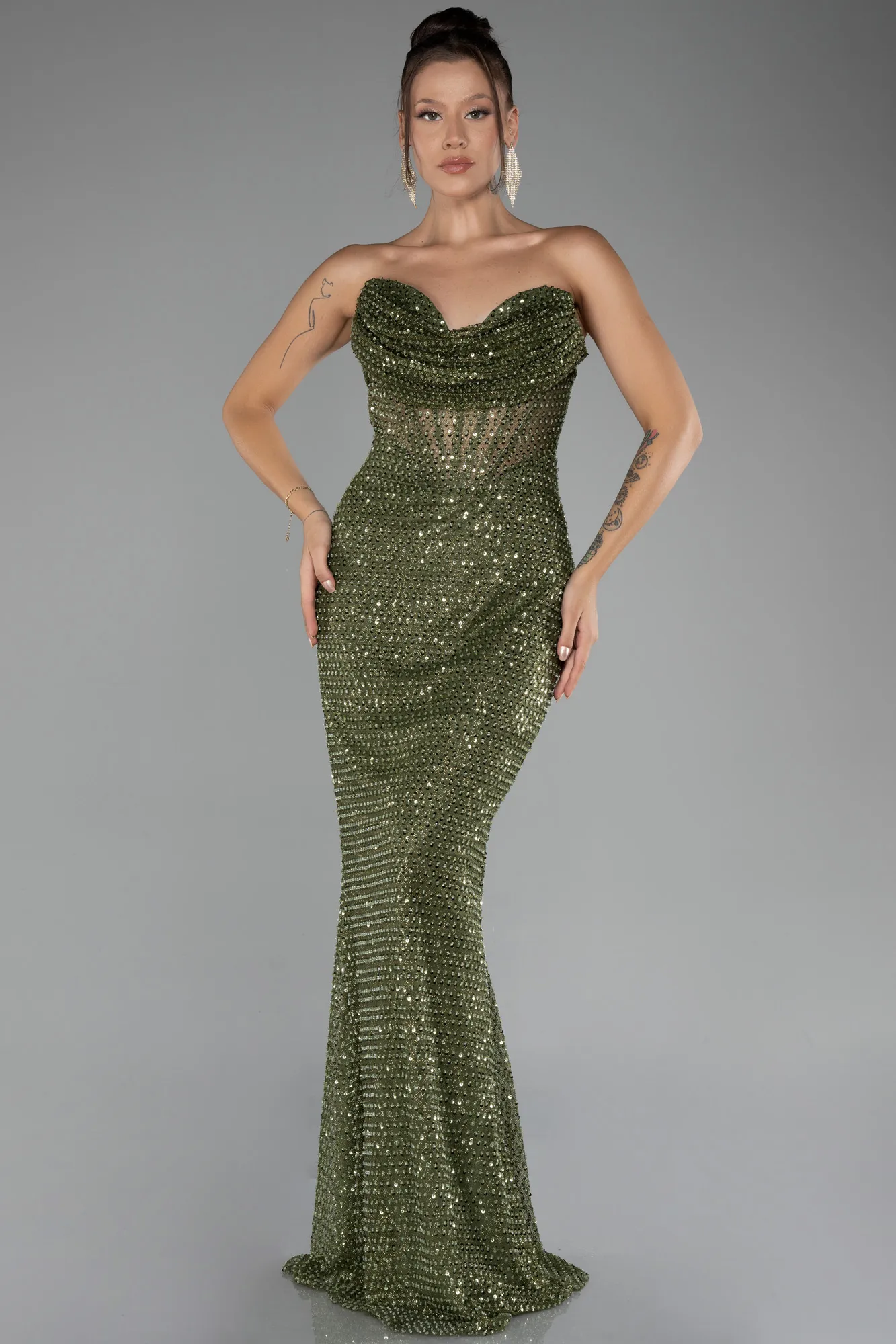 Olive Drab-Long Scaly Mermaid Evening Gown ABU3970