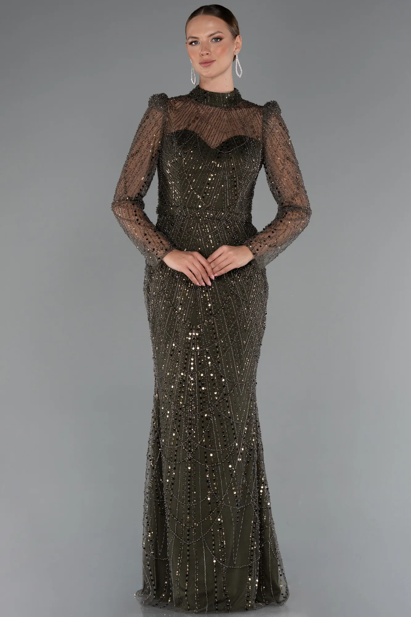 Olive Drab-Long Sleeve High Collar Stoned Evening Gown ABU4526