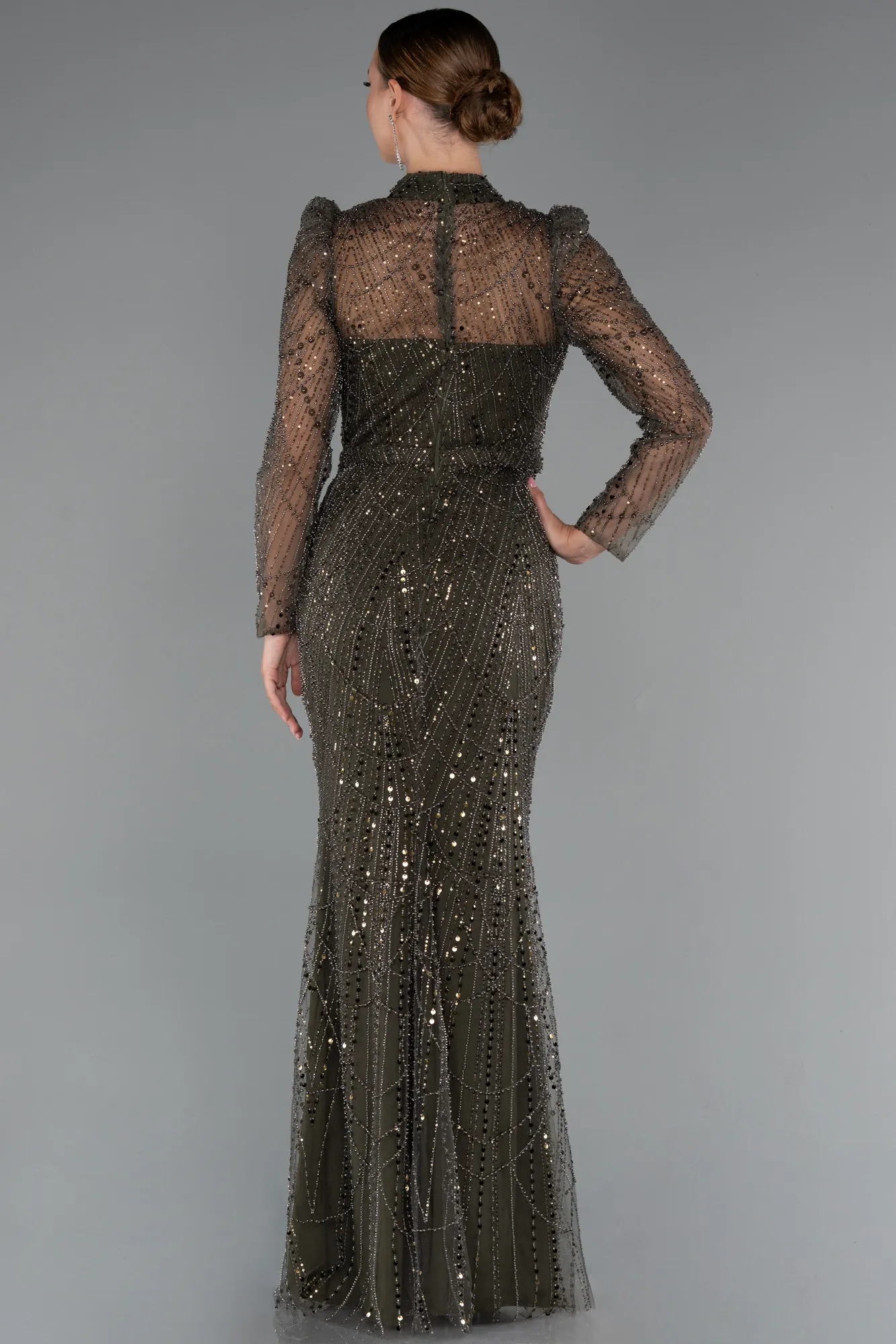 Olive Drab-Long Sleeve High Collar Stoned Evening Gown ABU4526