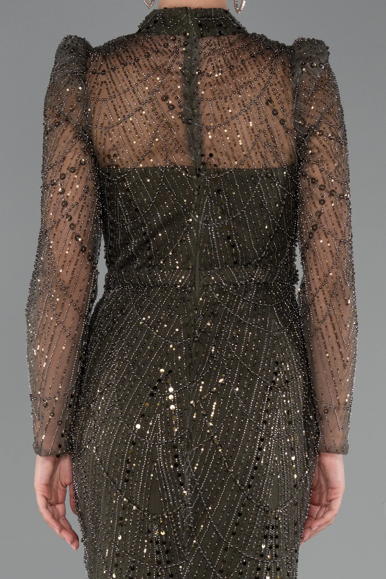 Olive Drab-Long Sleeve High Collar Stoned Evening Gown ABU4526