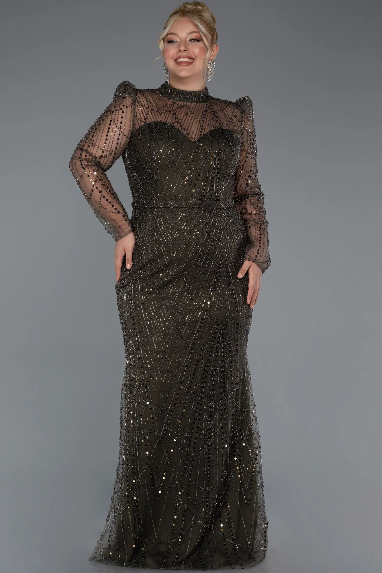 Olive Drab-Long Sleeve High Collar Stoned Plus Size Evening Gown ABU4527
