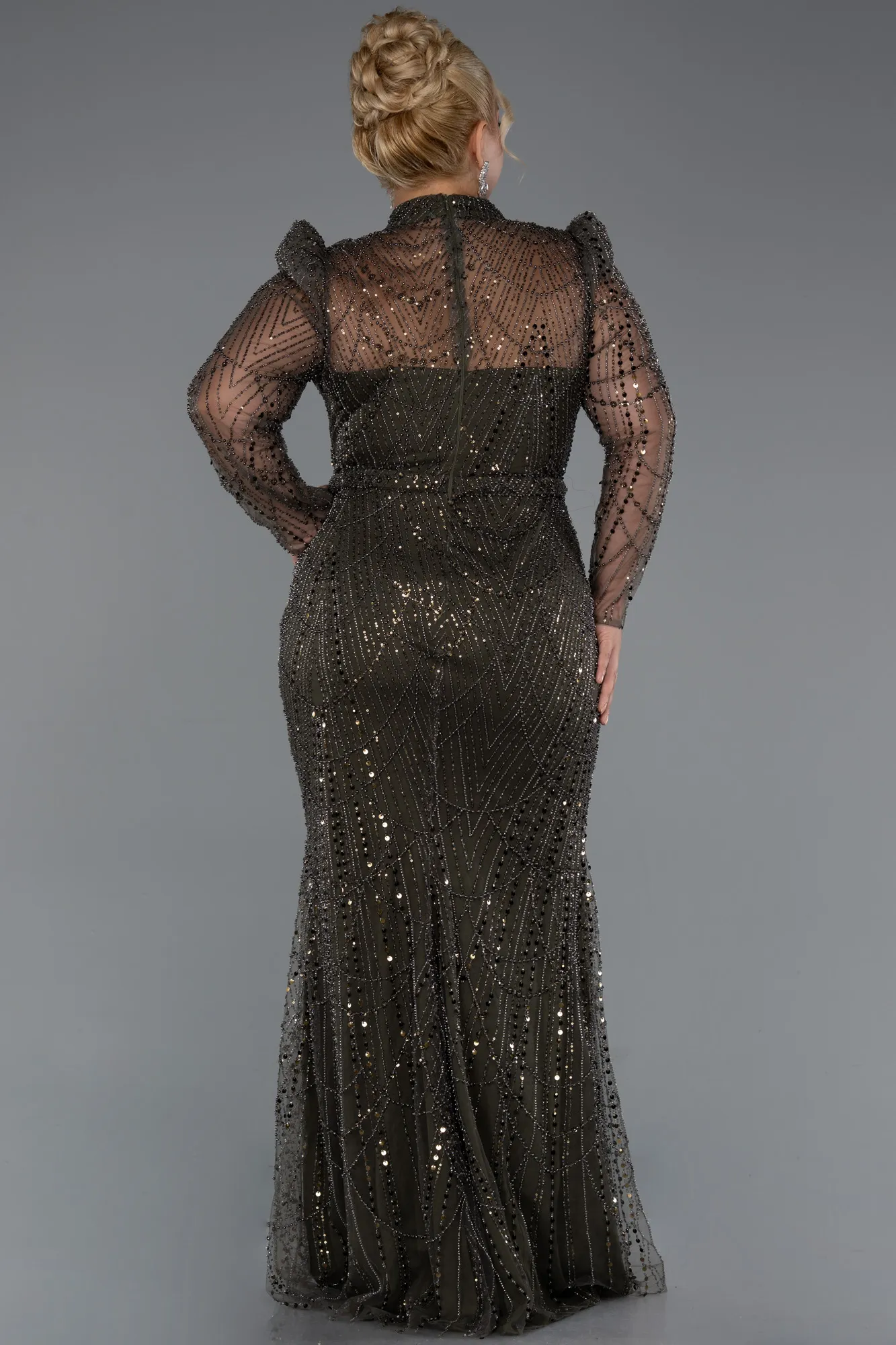 Olive Drab-Long Sleeve High Collar Stoned Plus Size Evening Gown ABU4527