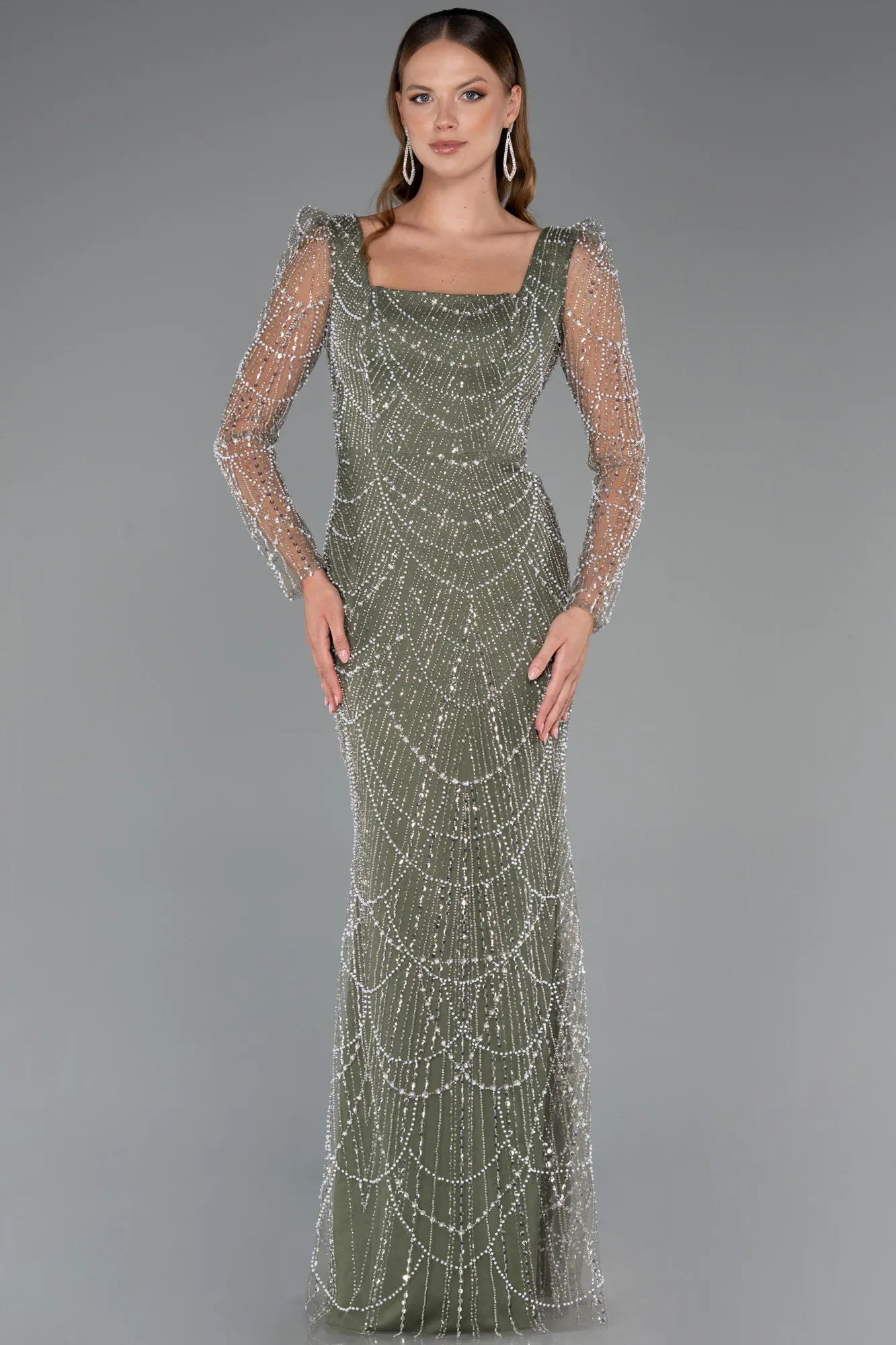 Olive Drab-Long Sleeve Stone Embellished Satin Train Evening Dress ABU4603