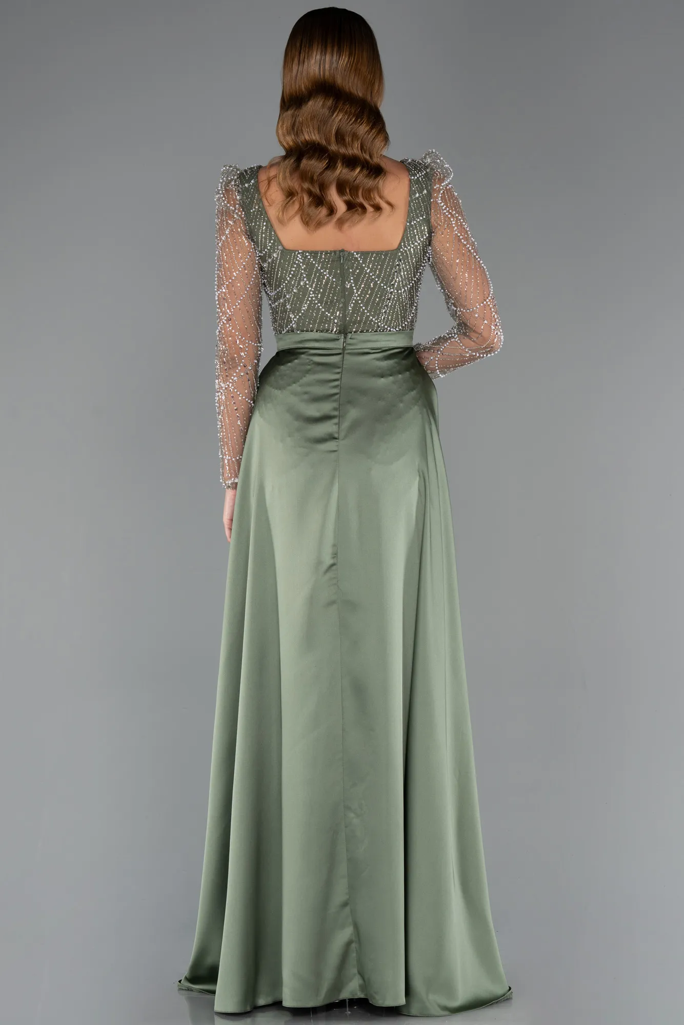 Olive Drab-Long Sleeve Stone Embellished Satin Train Evening Dress ABU4603