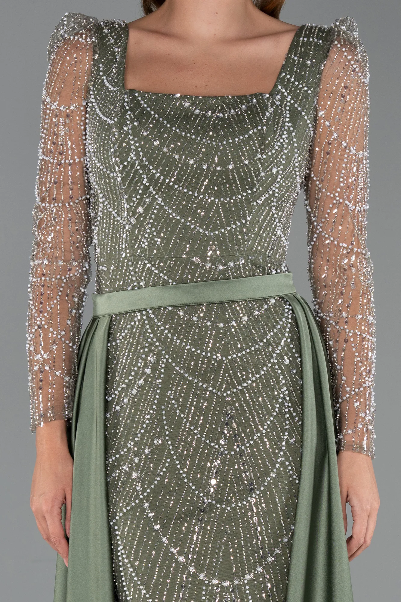 Olive Drab-Long Sleeve Stone Embellished Satin Train Evening Dress ABU4603