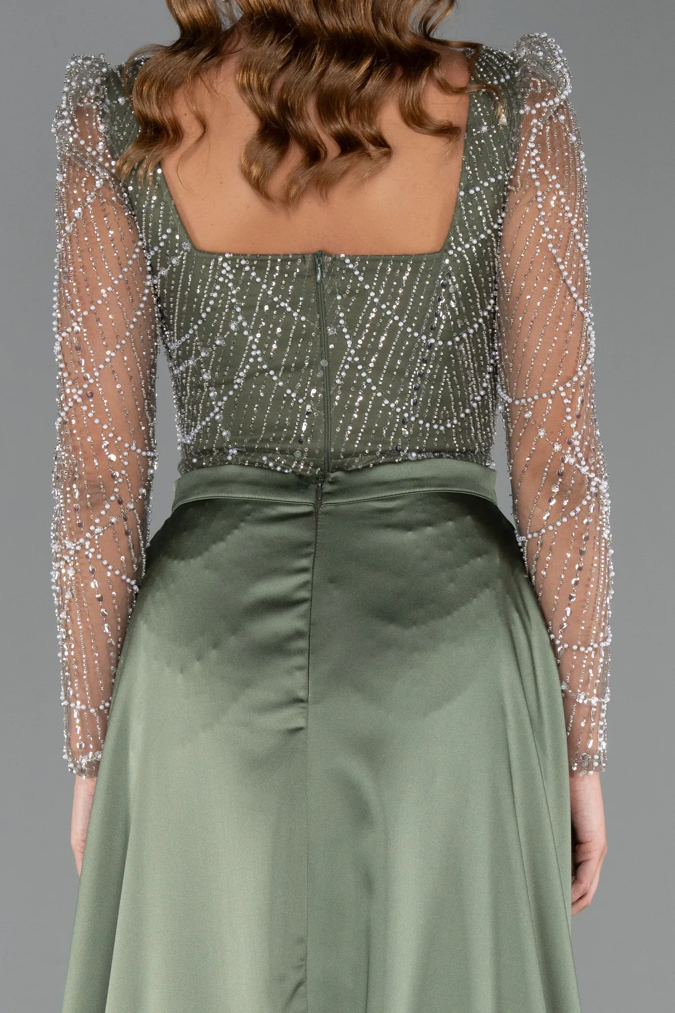 Olive Drab-Long Sleeve Stone Embellished Satin Train Evening Dress ABU4603