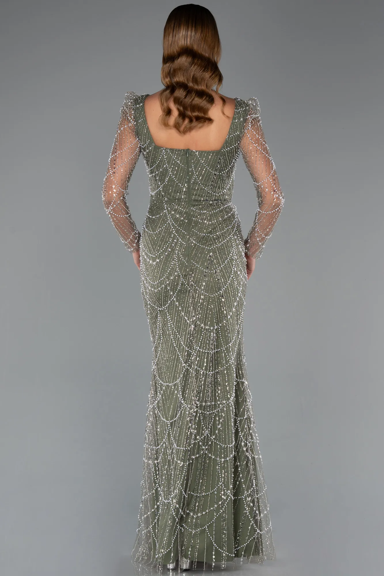 Olive Drab-Long Sleeve Stone Embellished Satin Train Evening Dress ABU4603