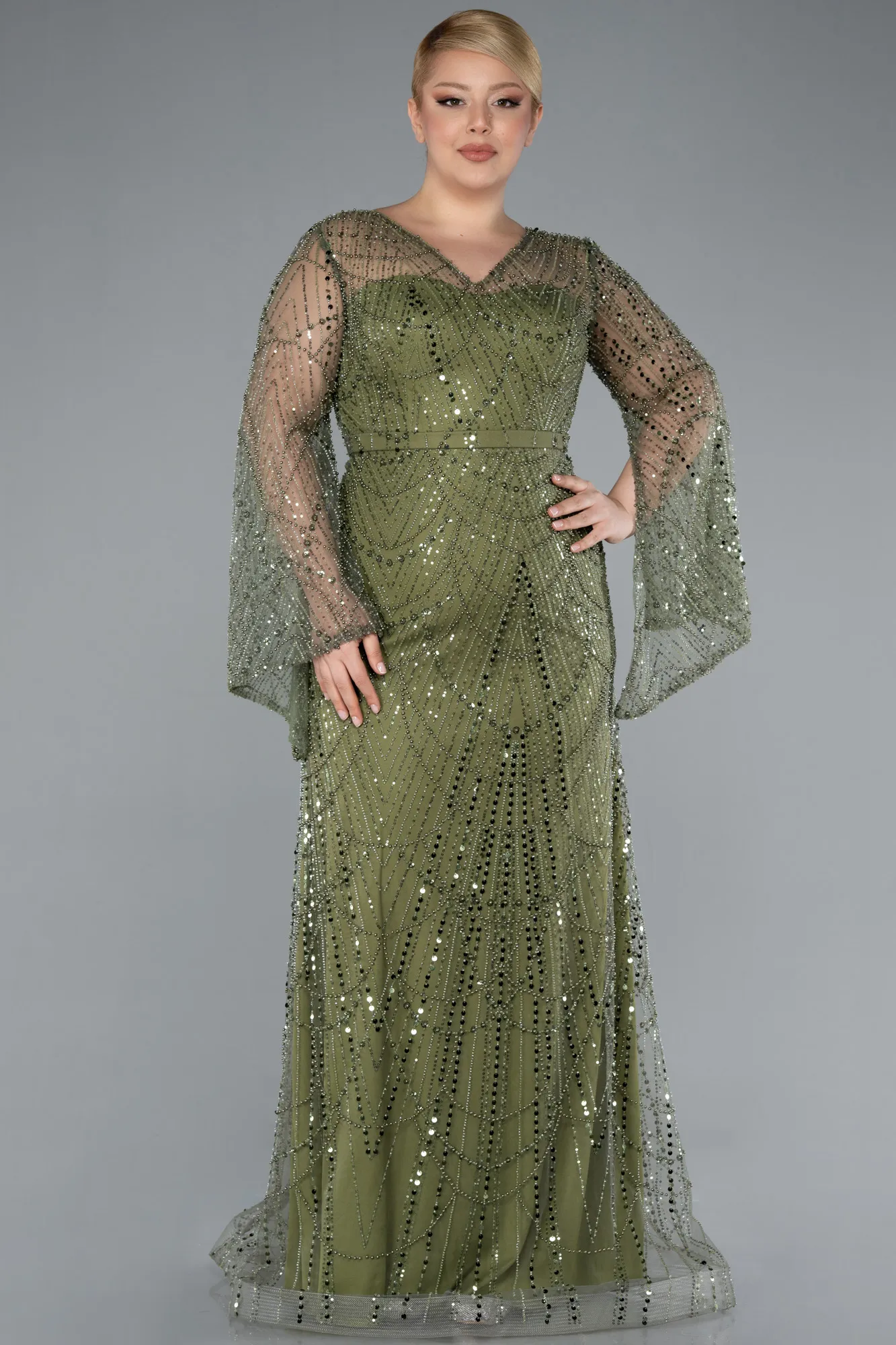 Olive Drab-Long Sleeve V Neck Stoned Plus Size Evening Gown ABU4822