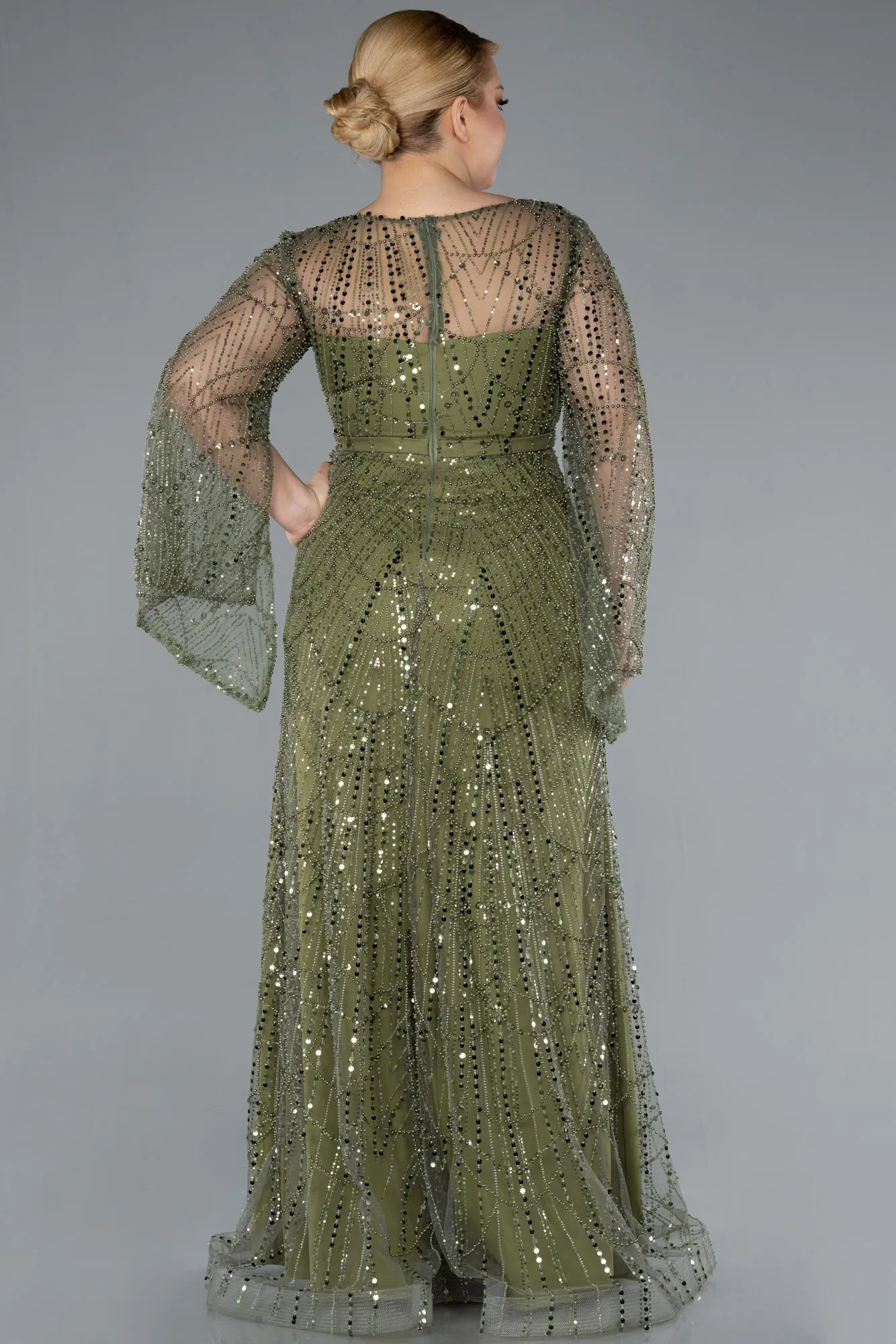 Olive Drab-Long Sleeve V Neck Stoned Plus Size Evening Gown ABU4822