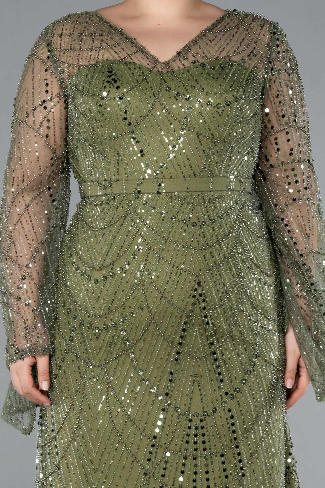 Olive Drab-Long Sleeve V Neck Stoned Plus Size Evening Gown ABU4822