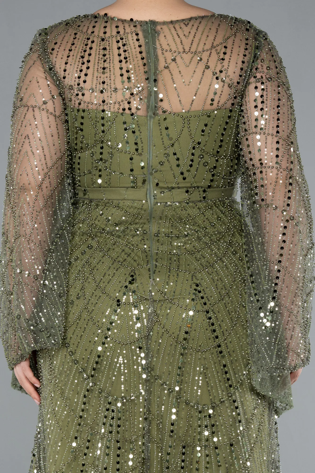 Olive Drab-Long Sleeve V Neck Stoned Plus Size Evening Gown ABU4822