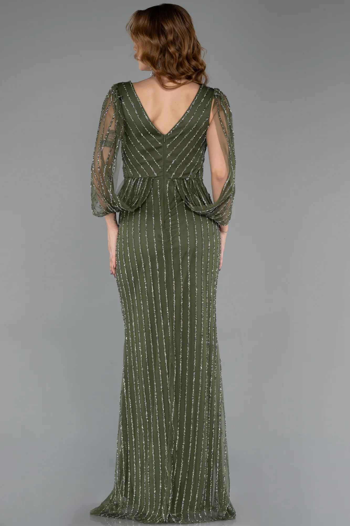 Olive Drab-Long Stony Evening Dress ABU5475