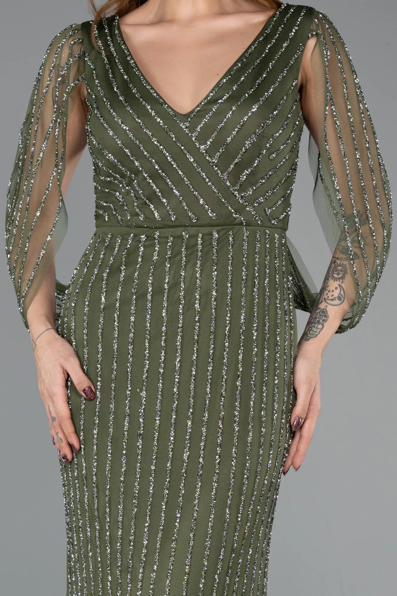 Olive Drab-Long Stony Evening Dress ABU5475
