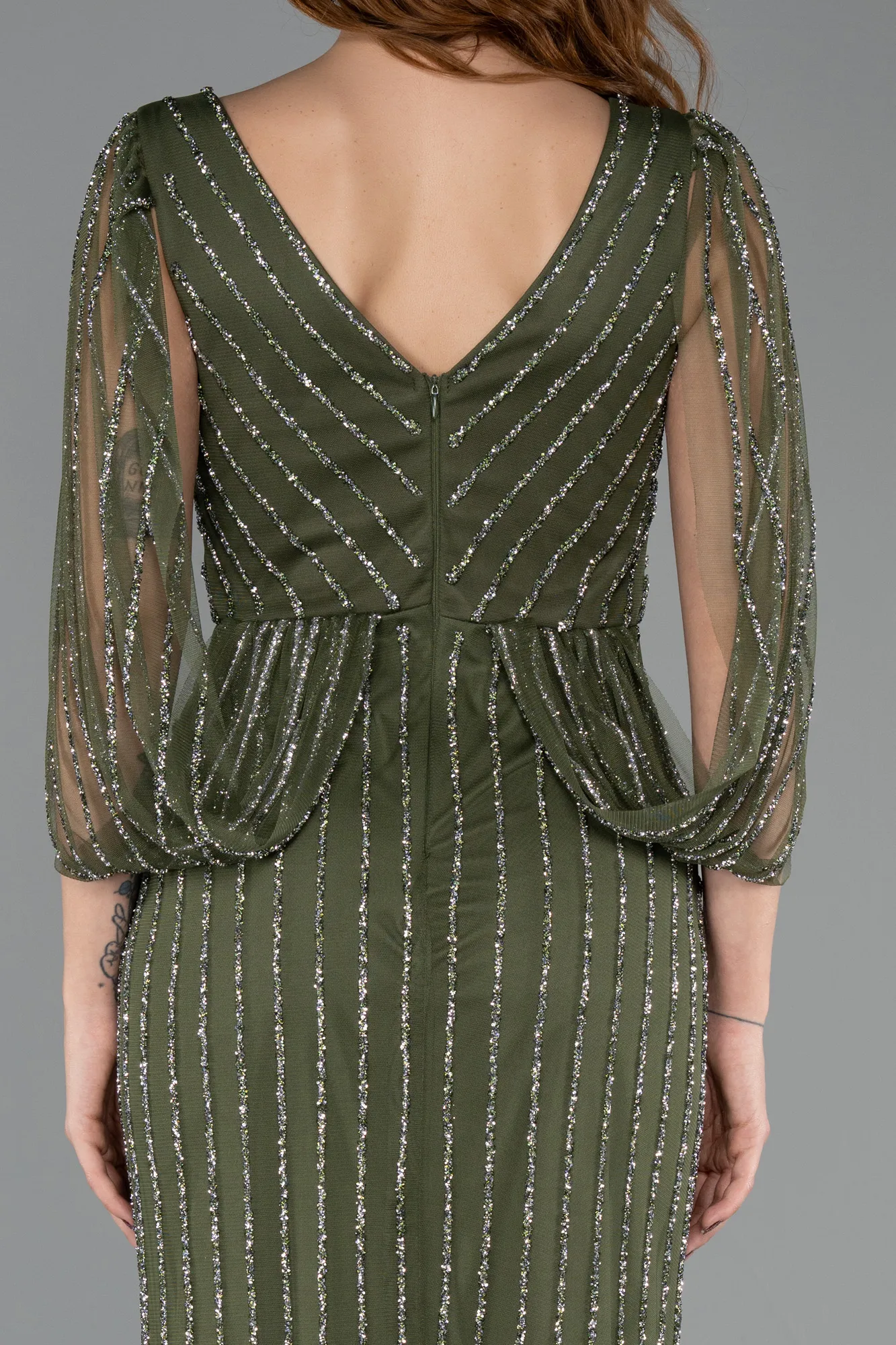 Olive Drab-Long Stony Evening Dress ABU5475