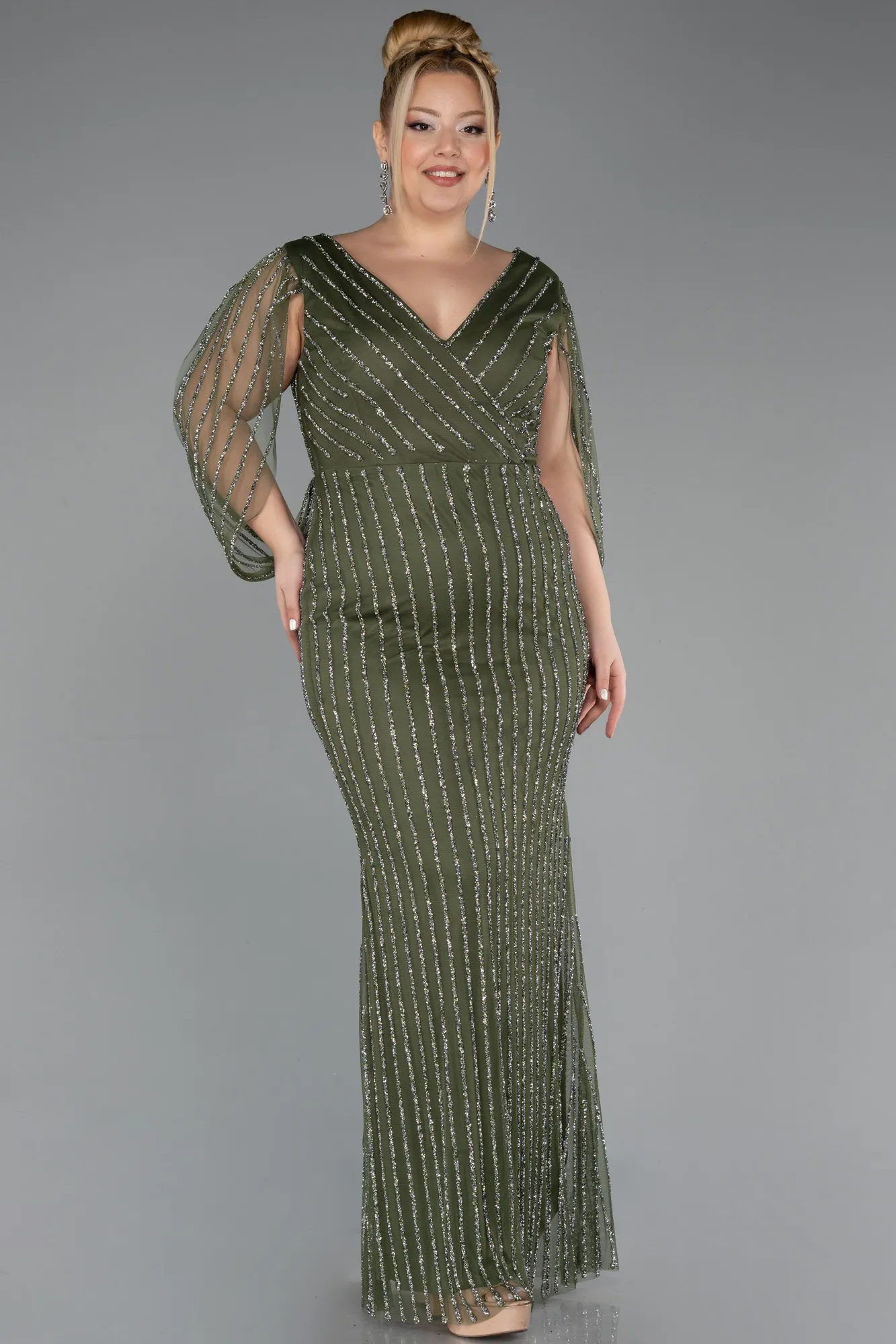 Olive Drab-Long Stony Plus Size Evening Dress ABU5478