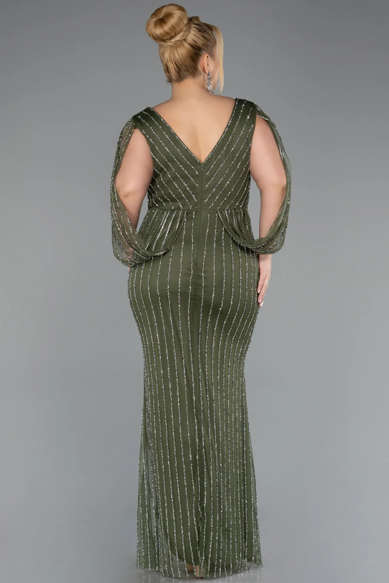 Olive Drab-Long Stony Plus Size Evening Dress ABU5478